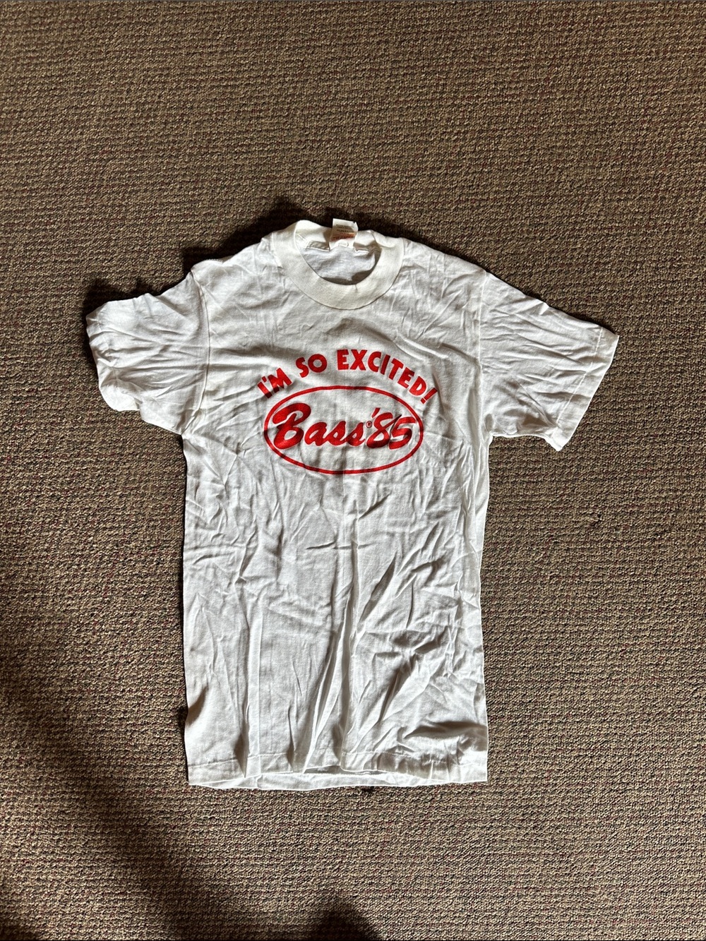VTG Bass White Tee with Red 'I'm So Excited' Graphic